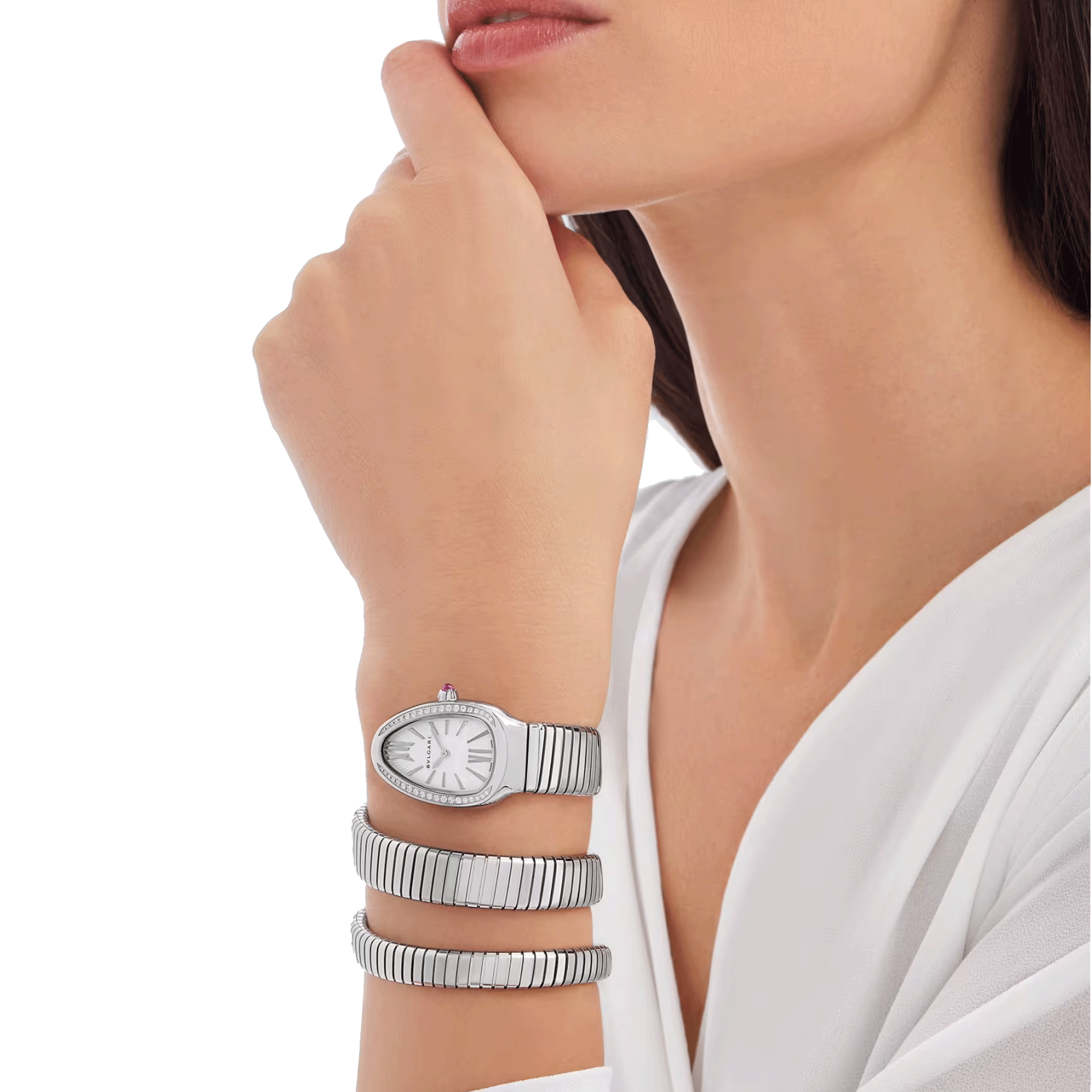 Bulgari Serpenti Tubogas S quartz watch bezel set white dial stainless steel bracelet double tour 35 mm 101910