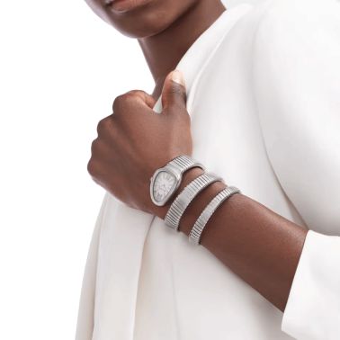 Montre Bulgari Serpenti Tubogas S quartz cadran blanc bracelet acier double tour 35 mm 101911