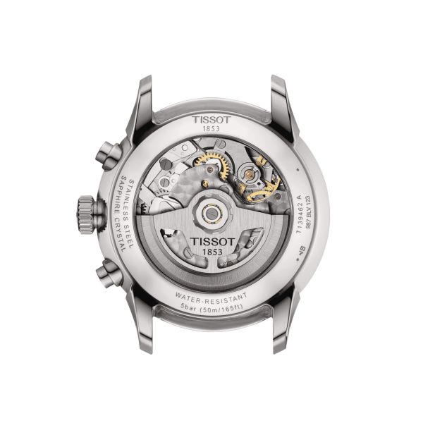 Montre Tissot T-Classic Chemin des Tourelles Chronographe automatique cadran argent bracelet acier 42 mm T139.462.11.038.00