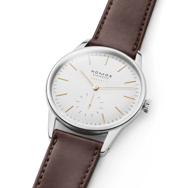 Montre Nomos Orion Neomatik Doré automatique cadran galvanisé bracelet cuir marron 36,4 mm
