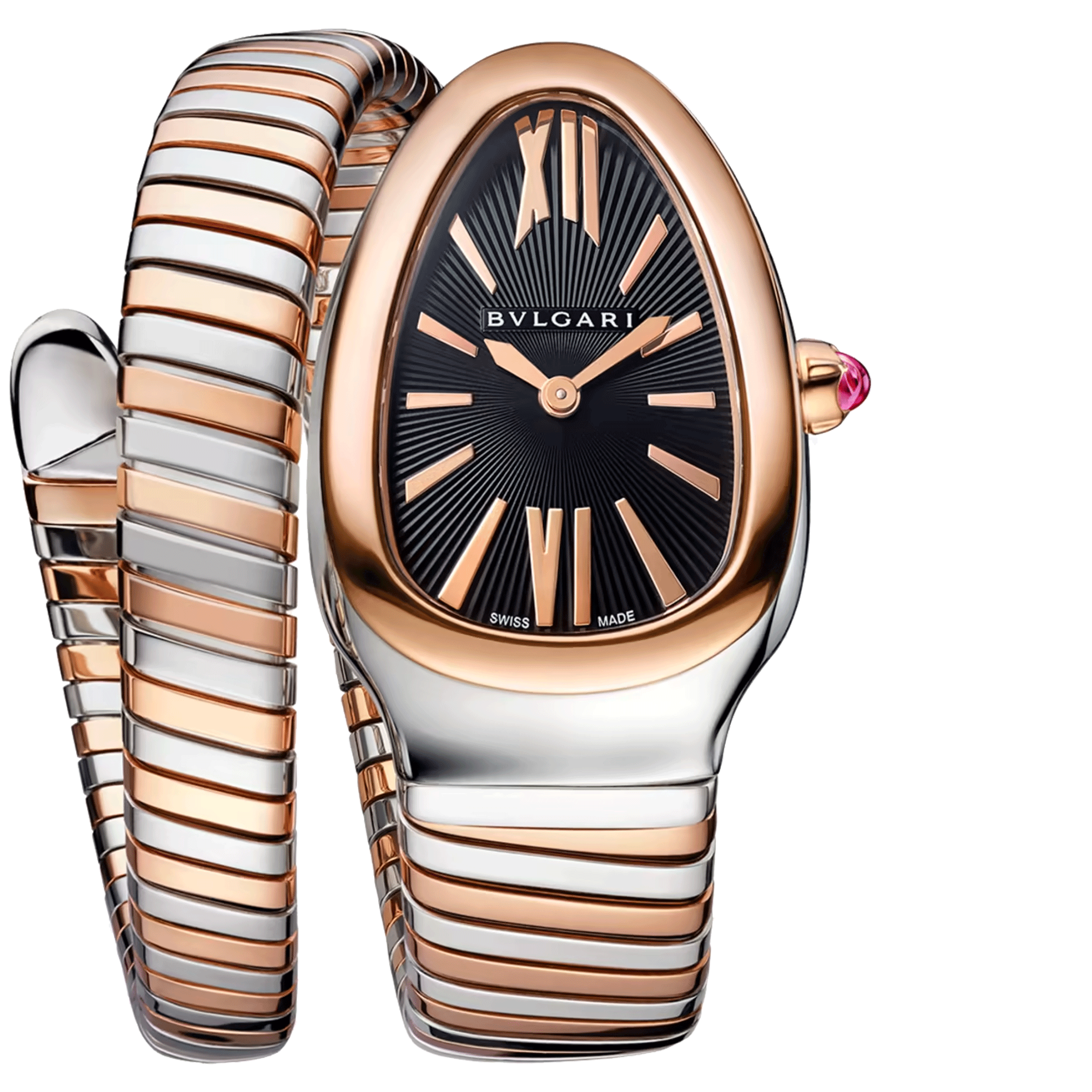 Montre Bulgari Serpenti Tubogas S quartz cadran noir bracelet acier et or rose 35 mm 102123