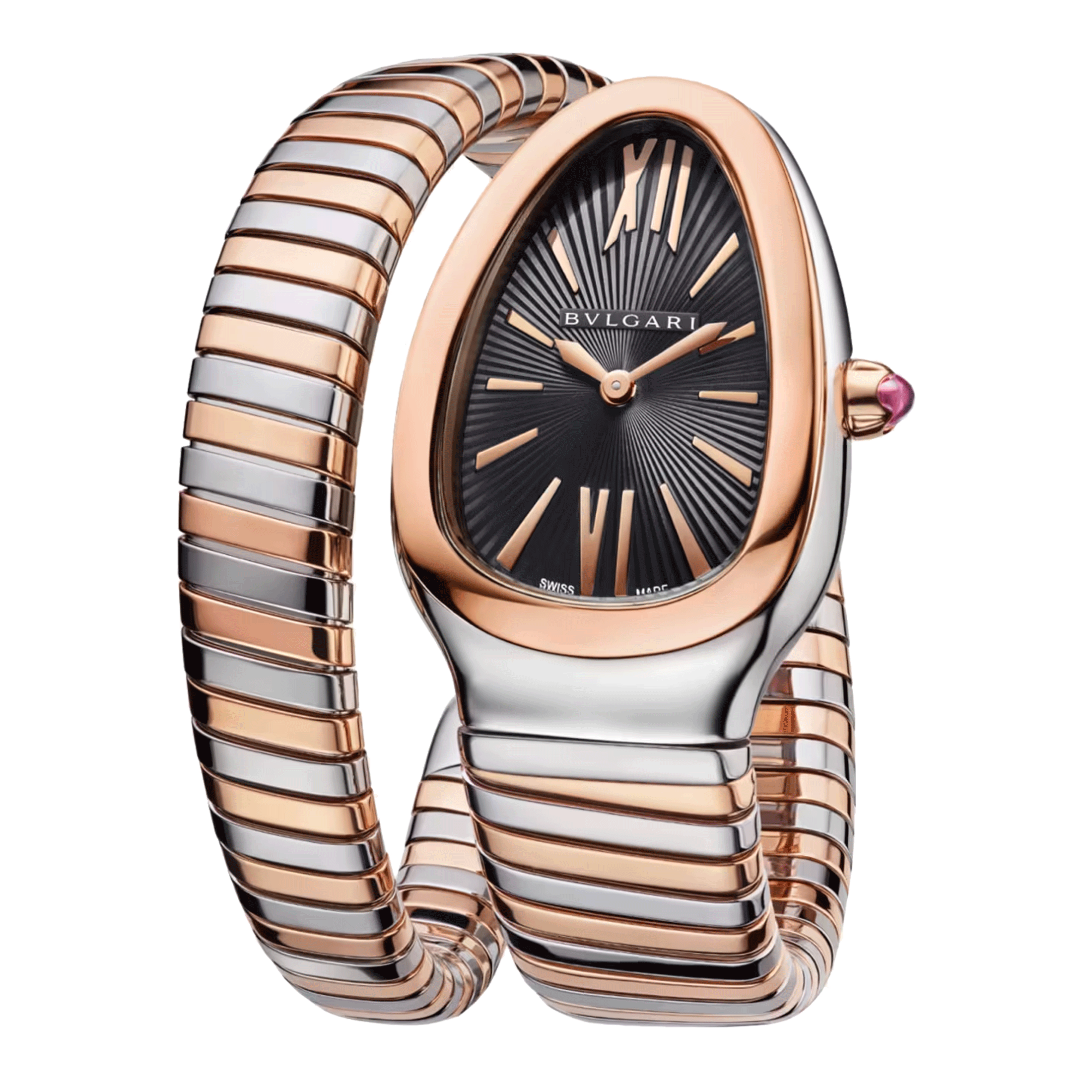Montre Bulgari Serpenti Tubogas S quartz cadran noir bracelet acier et or rose 35 mm 102123