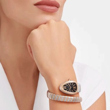 Montre Bulgari Serpenti Tubogas S quartz cadran noir bracelet acier et or rose 35 mm 102123