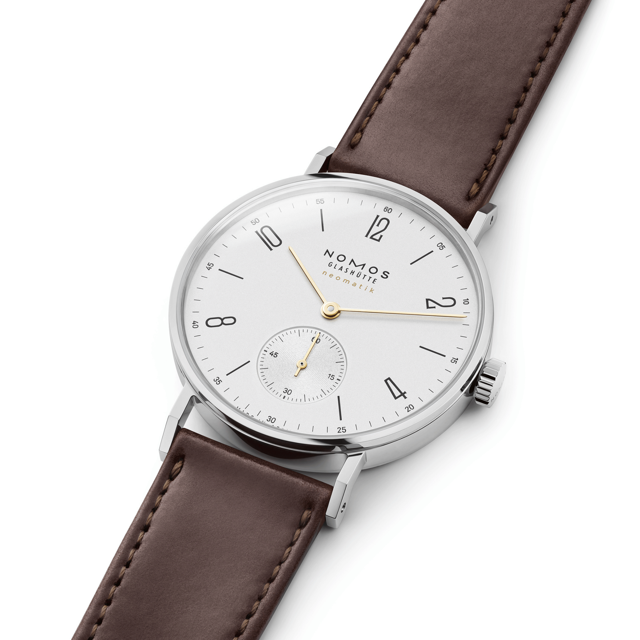 Montre Nomos Tangente Neomatik Doré automatique cadran galvanisé bracelet cuir fond acier 35 mm