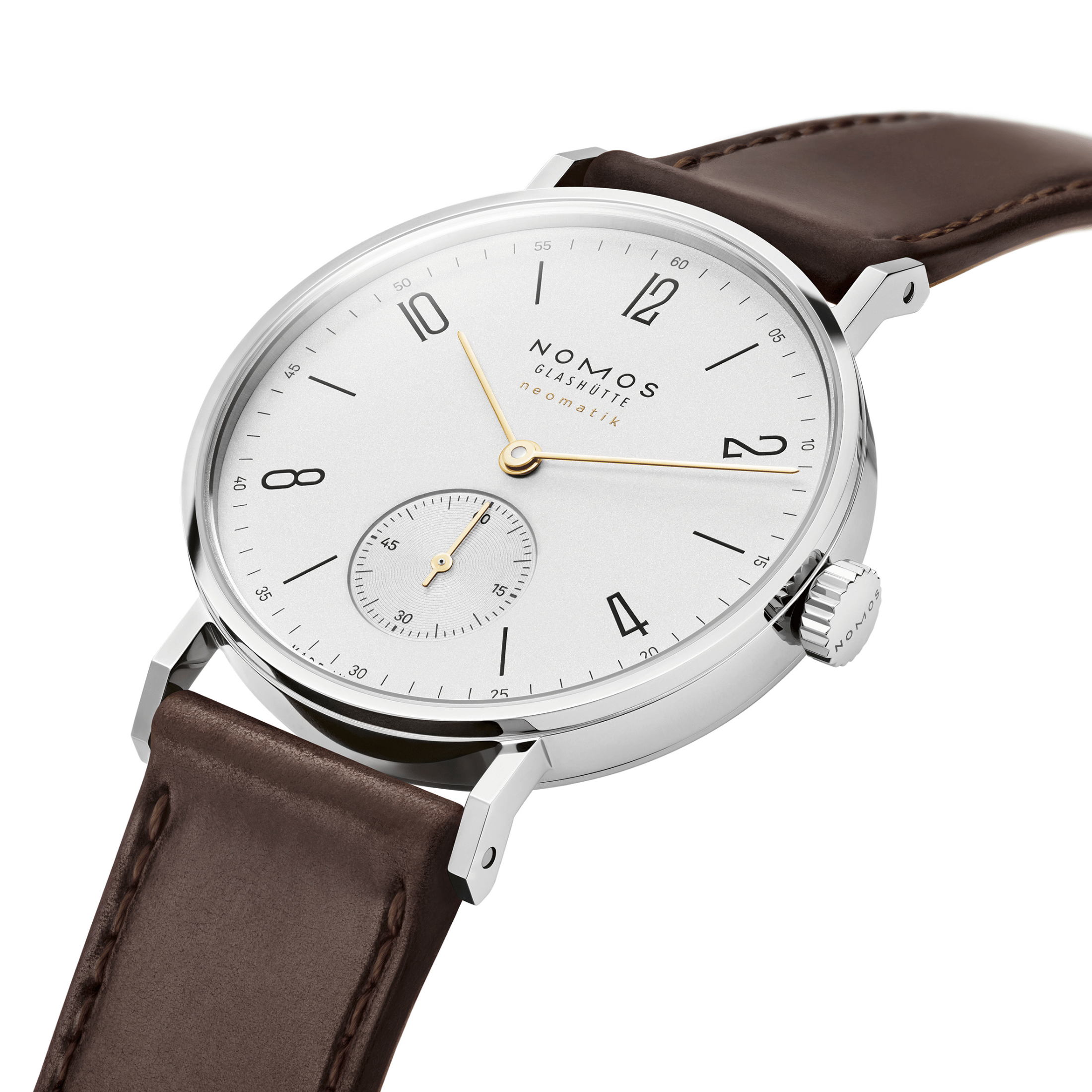 Montre Nomos Tangente Neomatik Doré automatique cadran galvanisé bracelet cuir fond acier 35 mm