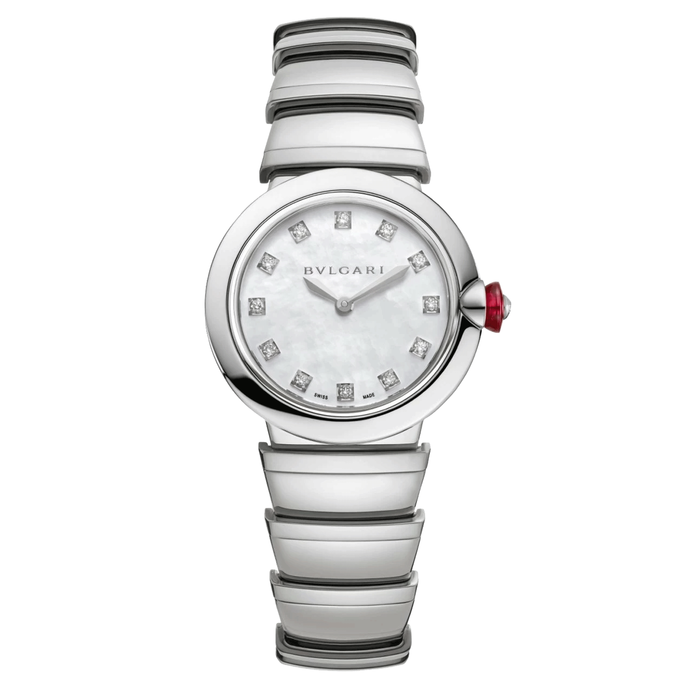 Bulgari Lvcea quartz watch diamond index white mother-of-pearl dial steel bracelet 28 mm 102196