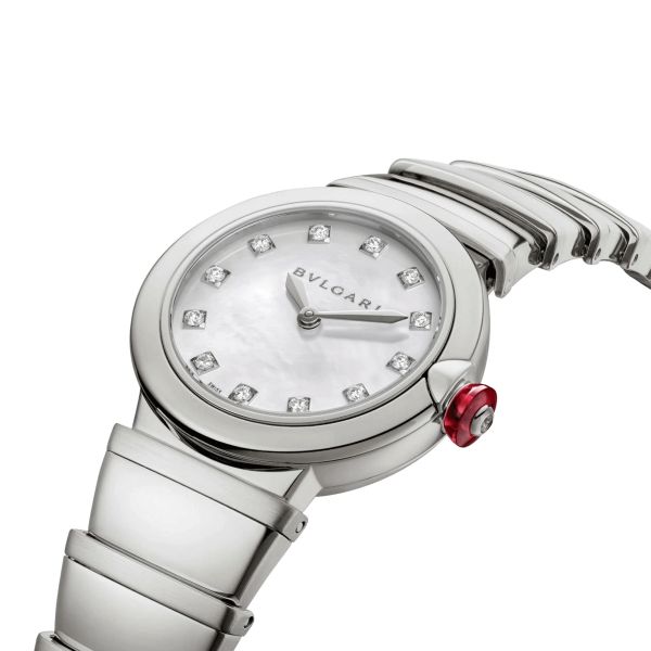 Bulgari Lvcea quartz watch diamond index white mother-of-pearl dial steel bracelet 28 mm 102196