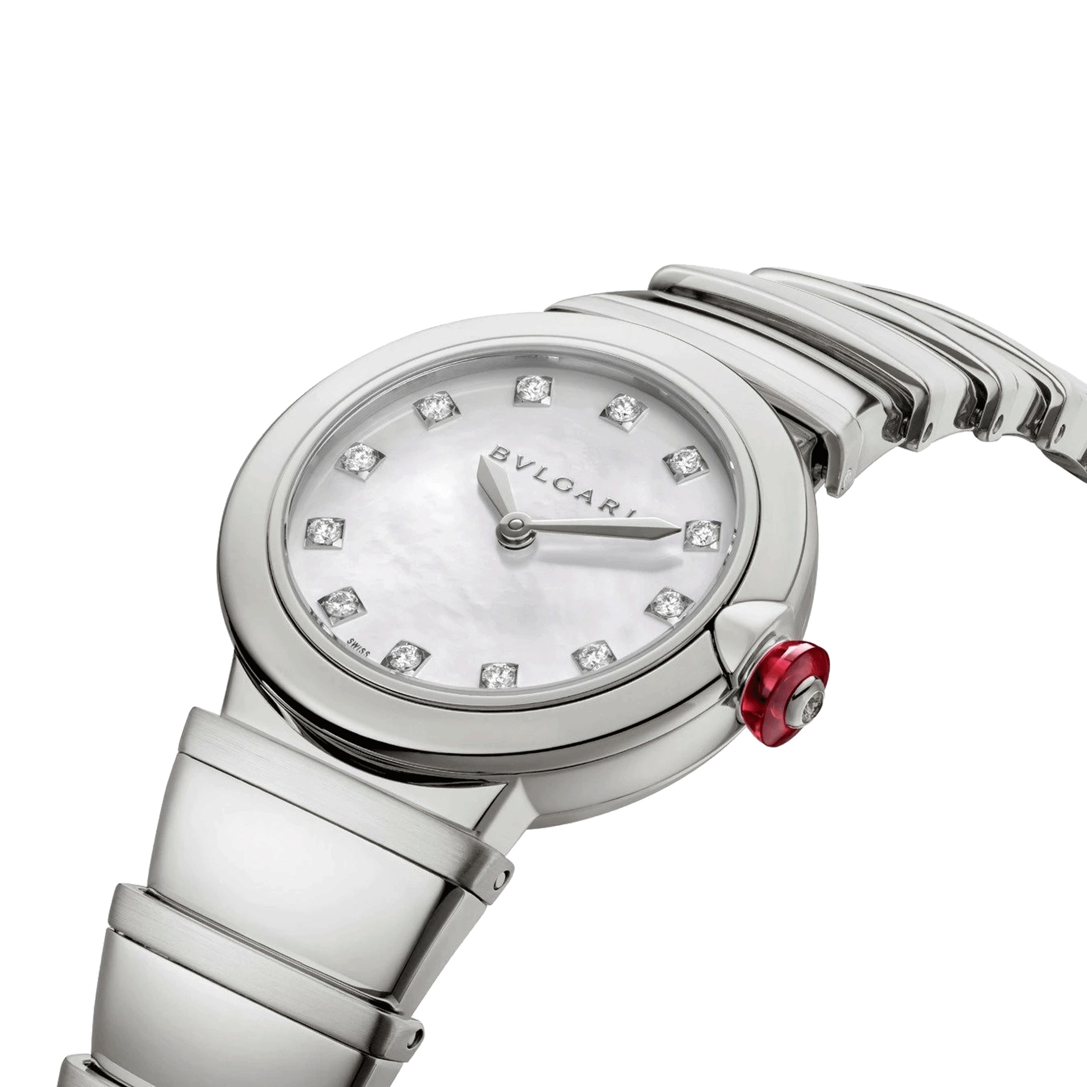 Bulgari Lvcea quartz watch diamond index white mother-of-pearl dial steel bracelet 28 mm 102196