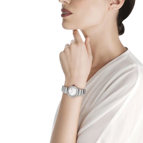 Bulgari Lvcea quartz watch diamond index white mother-of-pearl dial steel bracelet 28 mm 102196