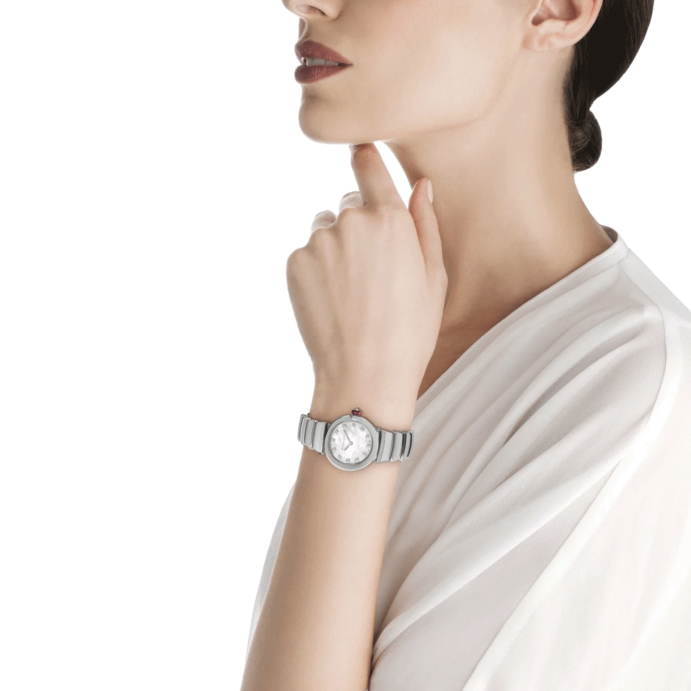 Bulgari Lvcea quartz watch diamond index white mother-of-pearl dial steel bracelet 28 mm 102196