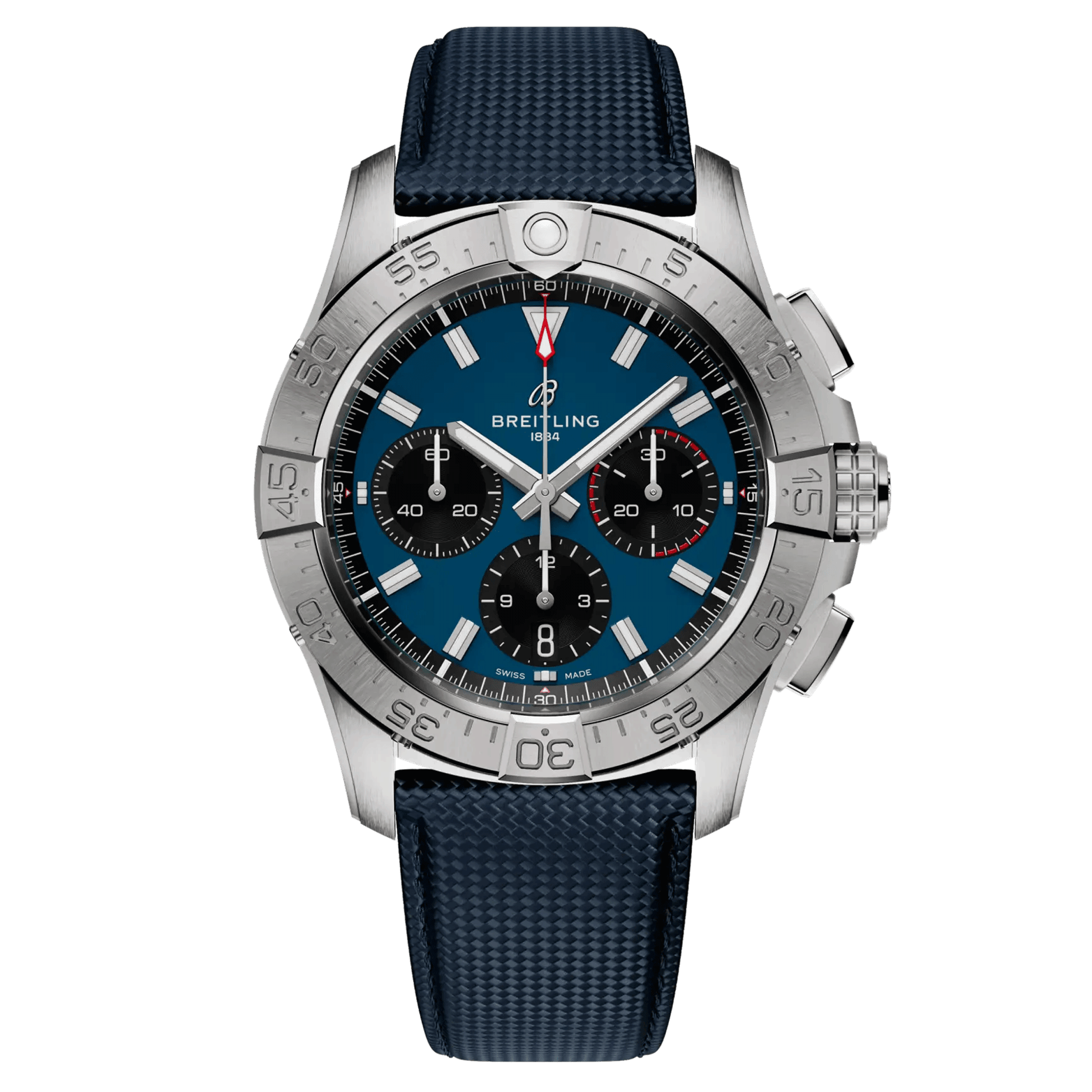 Breitling Avenger B01 Chronograph automatic watch blue dial black leather strap 42 mm AB0146101C1X1
