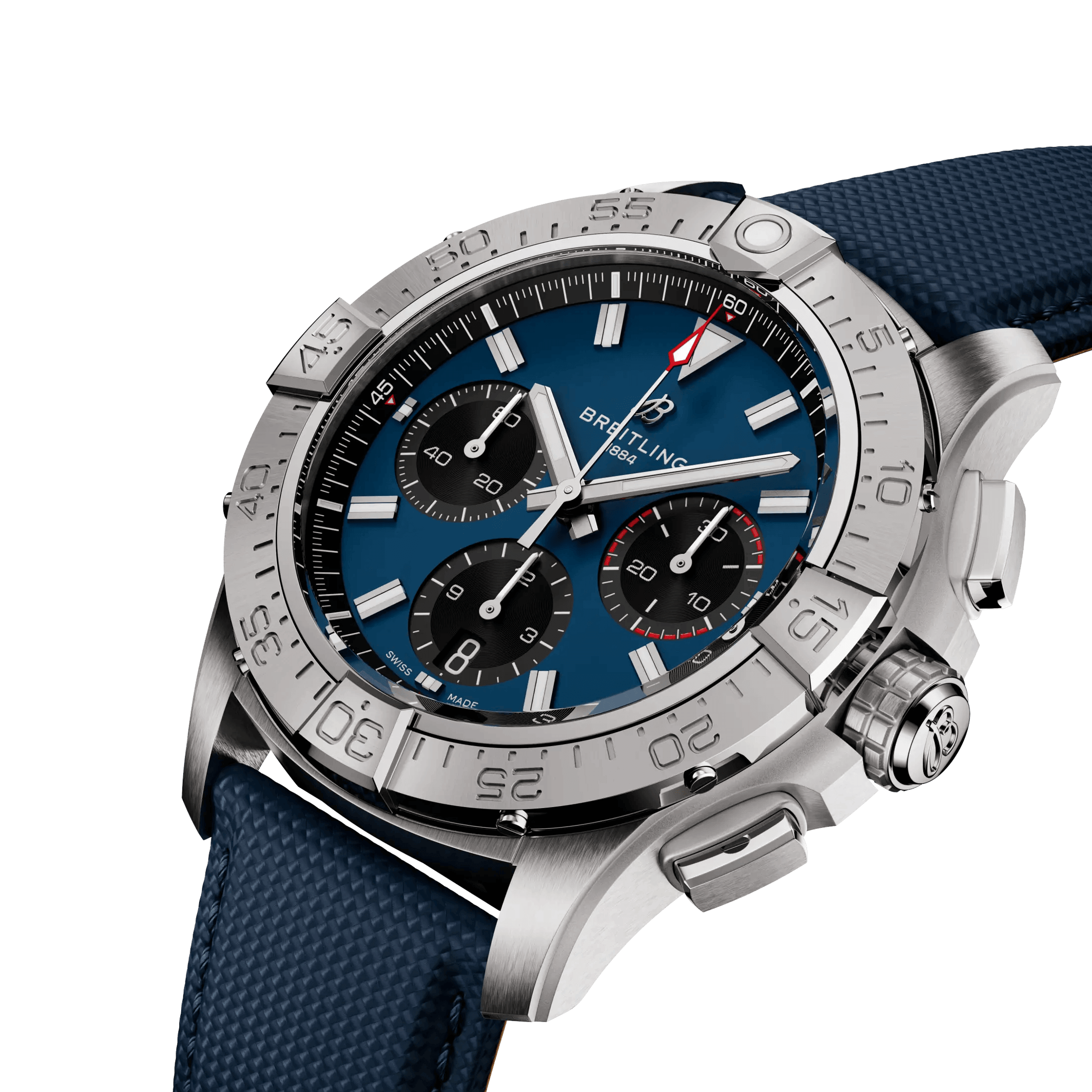 Breitling Avenger B01 Chronograph automatic watch blue dial black leather strap 42 mm AB0146101C1X1
