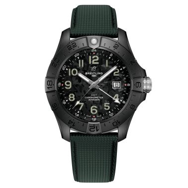 Breitling Avenger GMT Night Mission automatic watch carbon dial green leather strap 44 mm S32320101B1X1