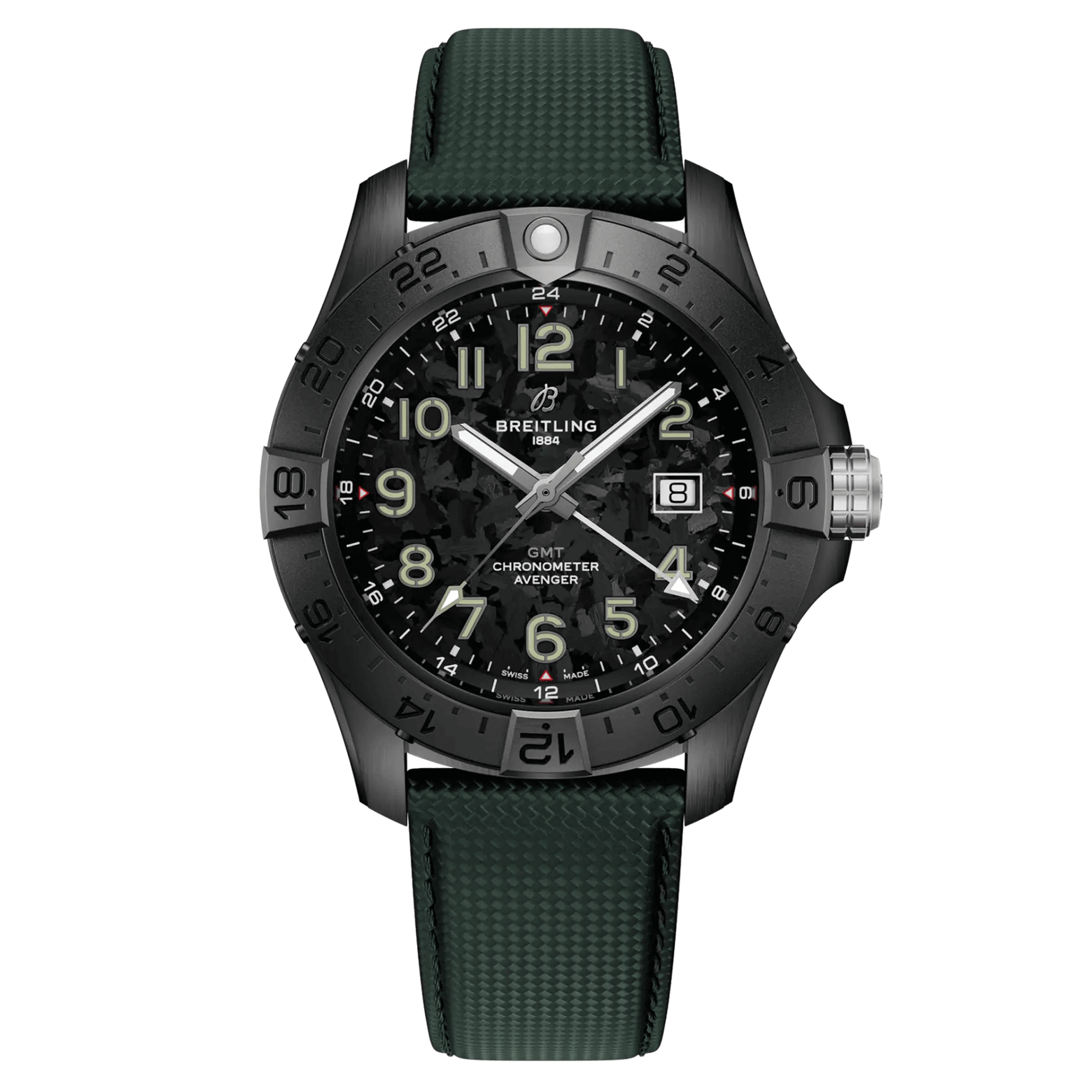 Breitling Avenger GMT Night Mission automatic watch carbon dial green leather strap 44 mm S32320101B1X1