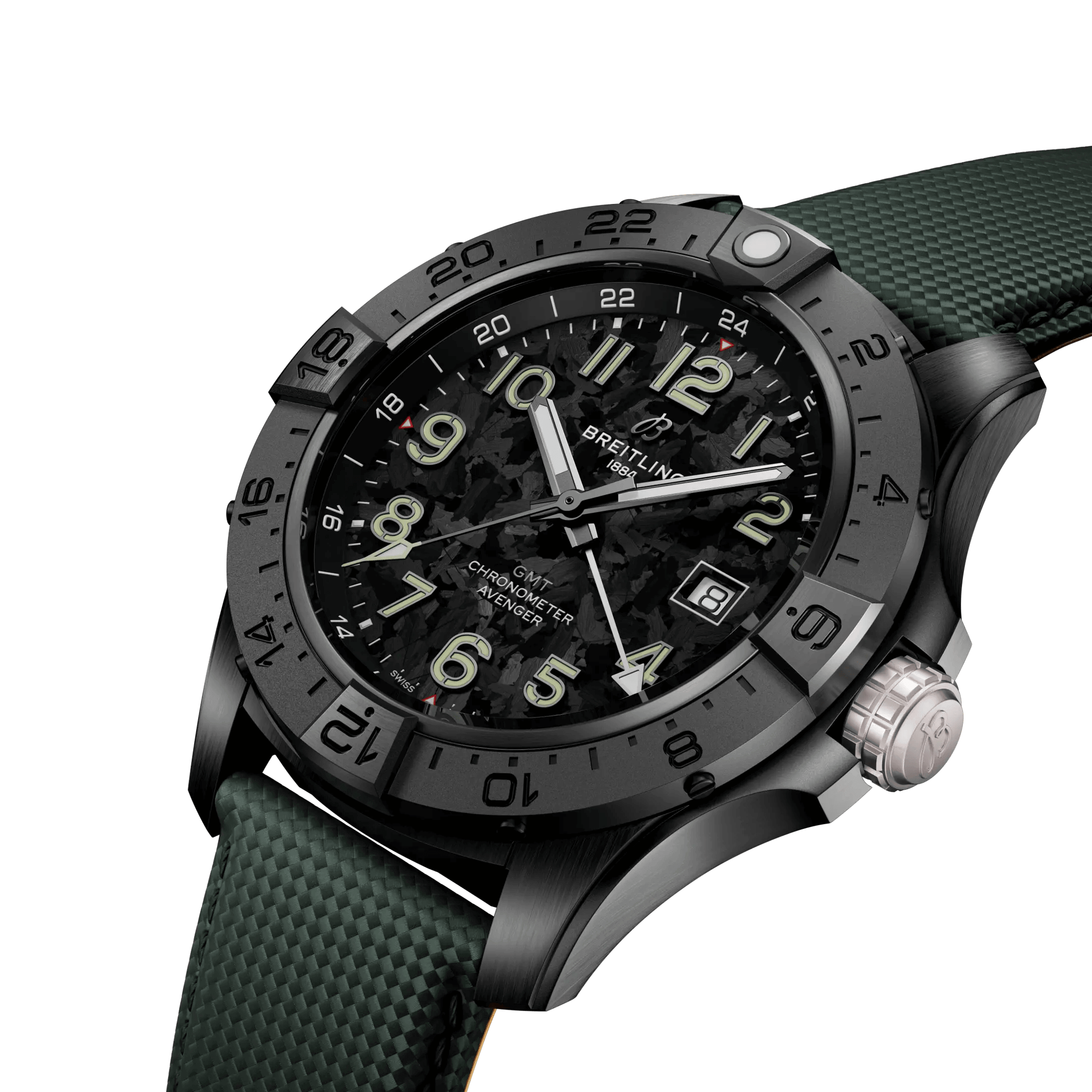 Montre Breitling Avenger GMT Night Mission automatique cadran carbone bracelet cuir vert 44 mm S32320101B1X1