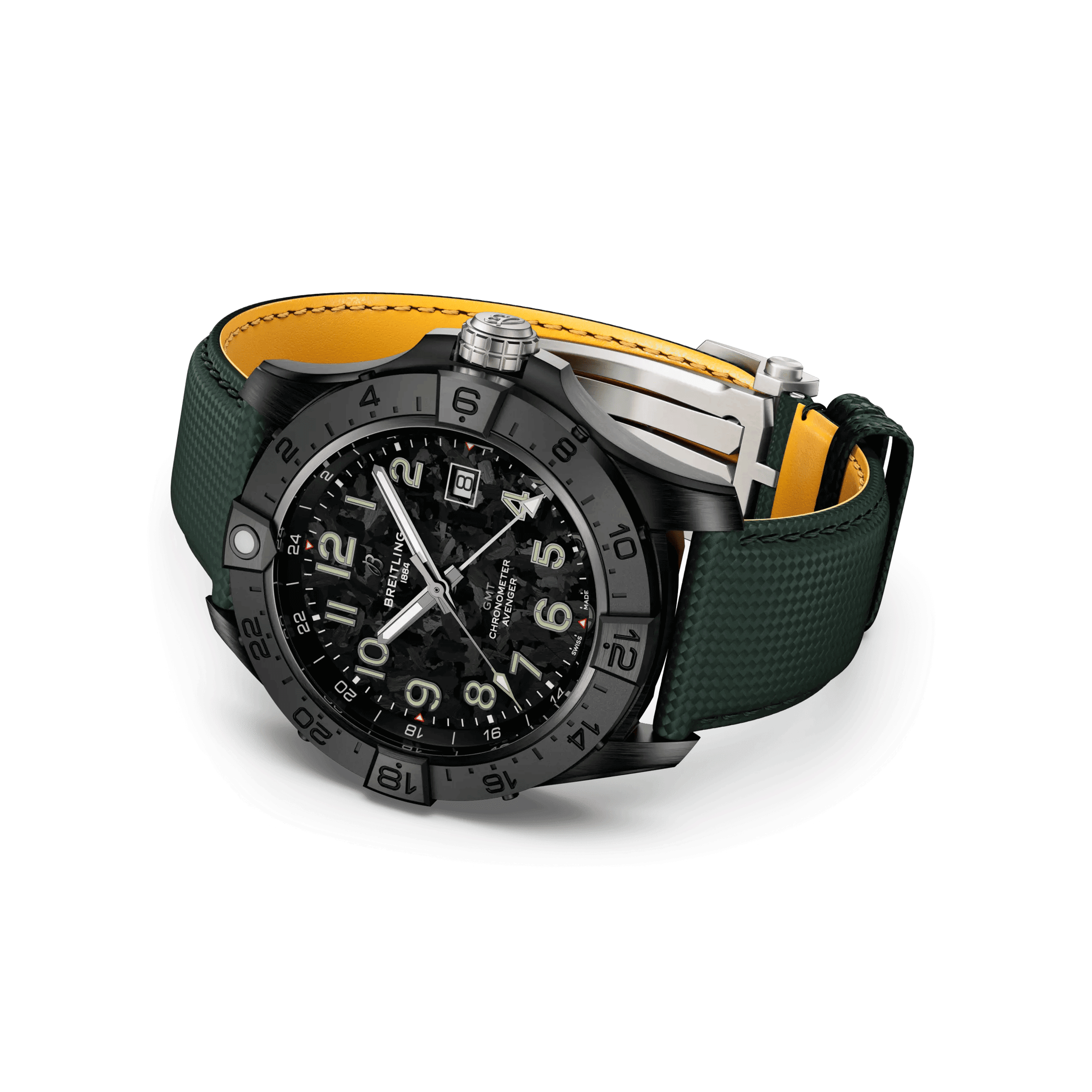 Breitling Avenger GMT Night Mission automatic watch carbon dial green leather strap 44 mm S32320101B1X1
