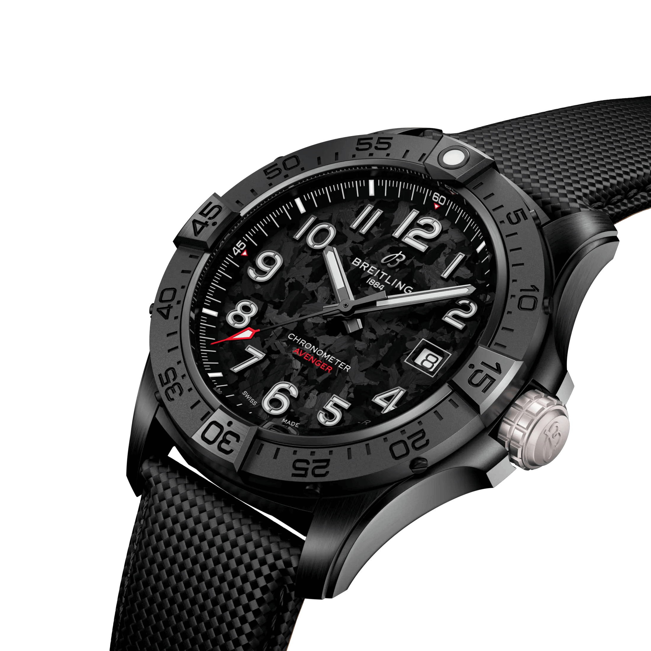 Breitling Avenger Night Mission automatic watch carbon dial anthracite leather strap 42 mm S17328101B1X1