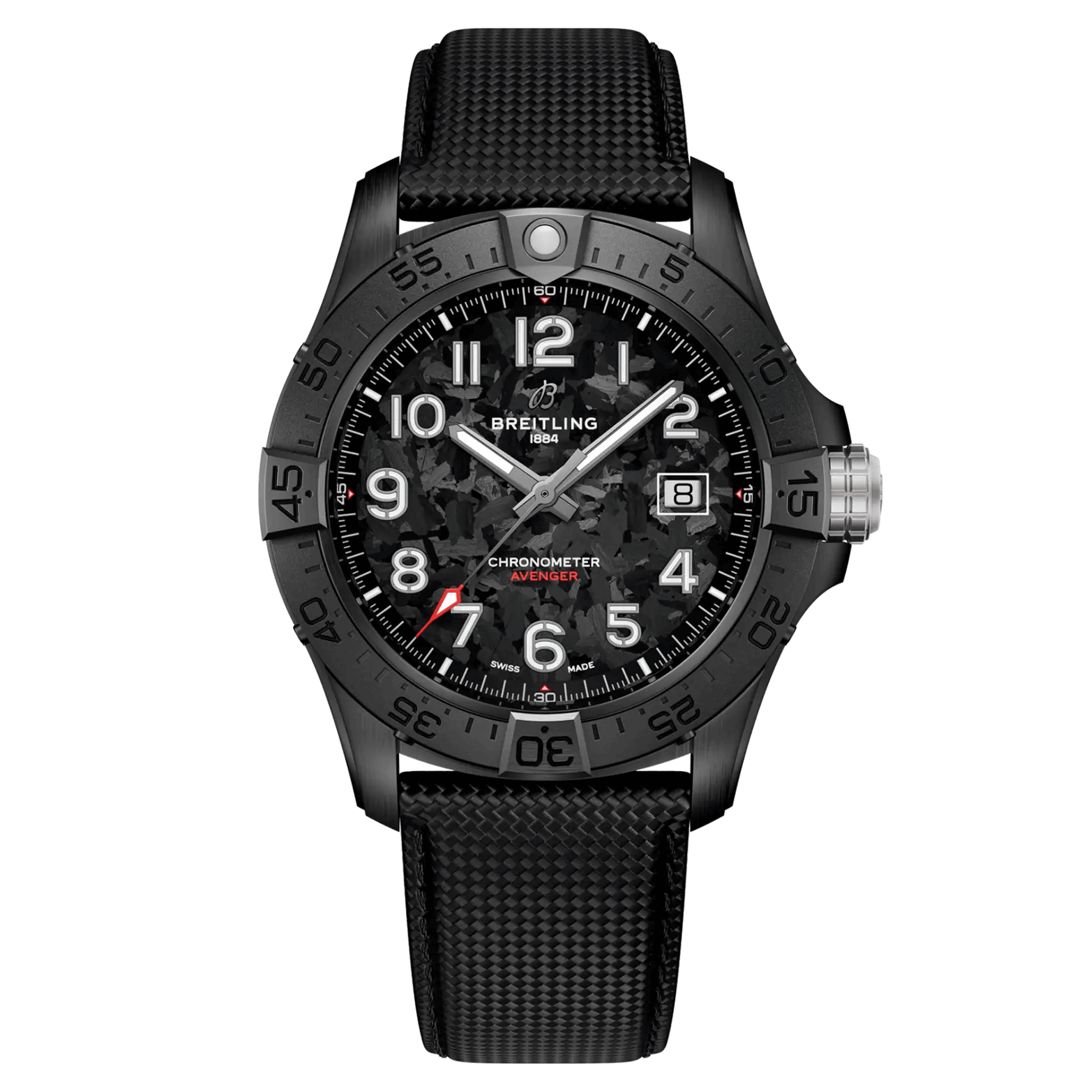 Breitling Avenger Night Mission automatic watch carbon dial anthracite leather strap 42 mm S17328101B1X1