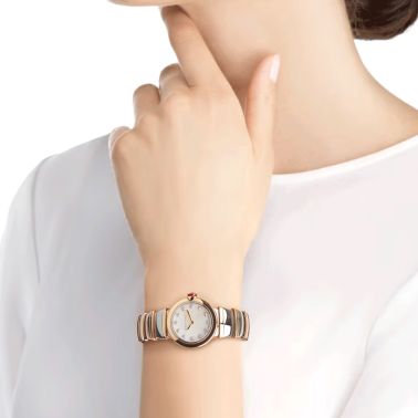 Bulgari Lvcea quartz watch diamond index white mother-of-pearl dial steel and rose gold bracelet 28 mm 102194