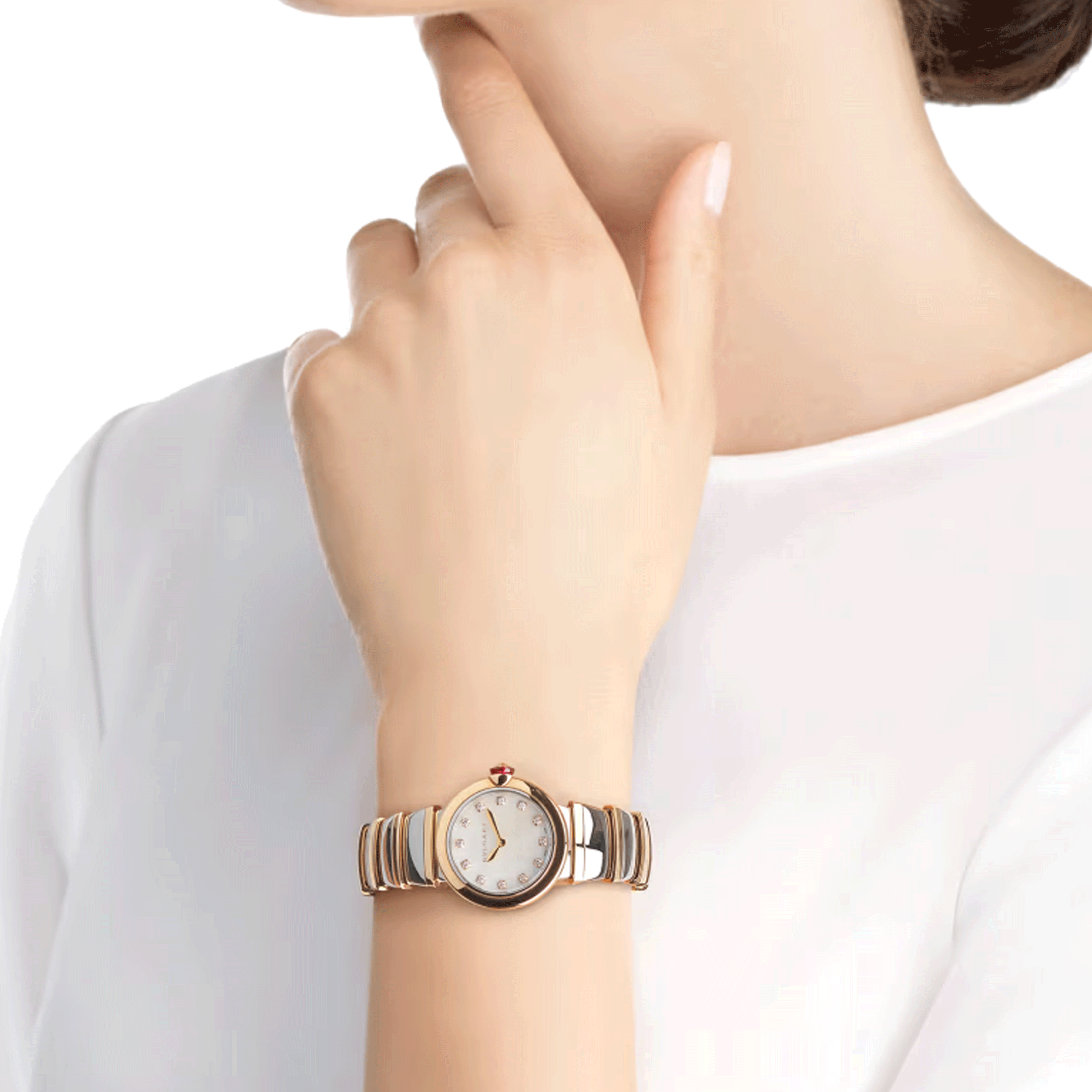 Bulgari Lvcea quartz watch diamond index white mother-of-pearl dial steel and rose gold bracelet 28 mm 102194