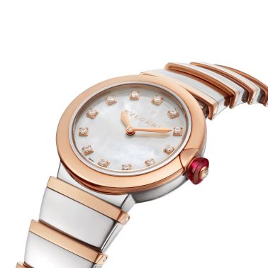 Bulgari Lvcea quartz watch diamond index white mother-of-pearl dial steel and rose gold bracelet 28 mm 102194