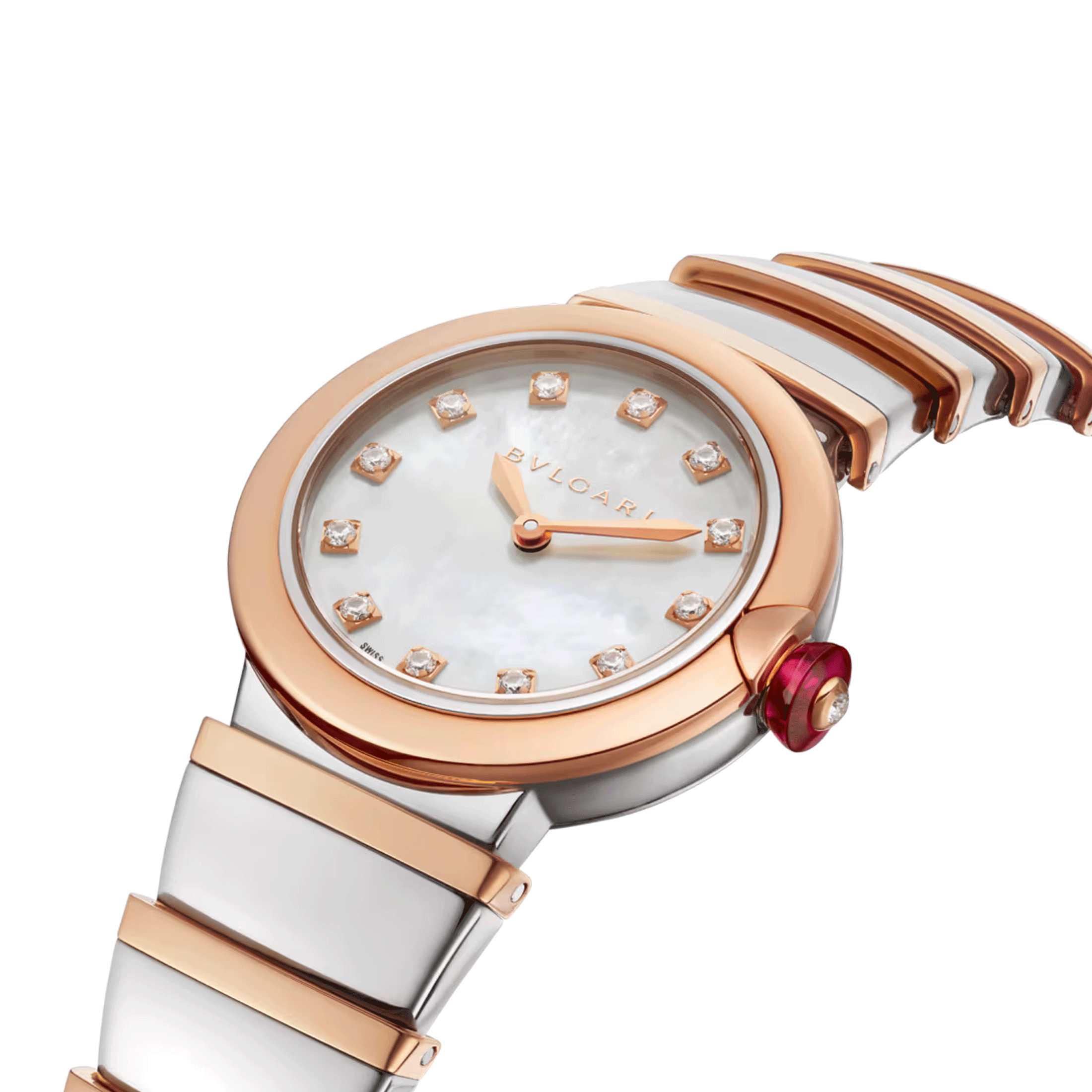 Montre Bulgari Lvcea quartz index diamants cadran nacre blanche bracelet acier et or rose 28 mm 102194