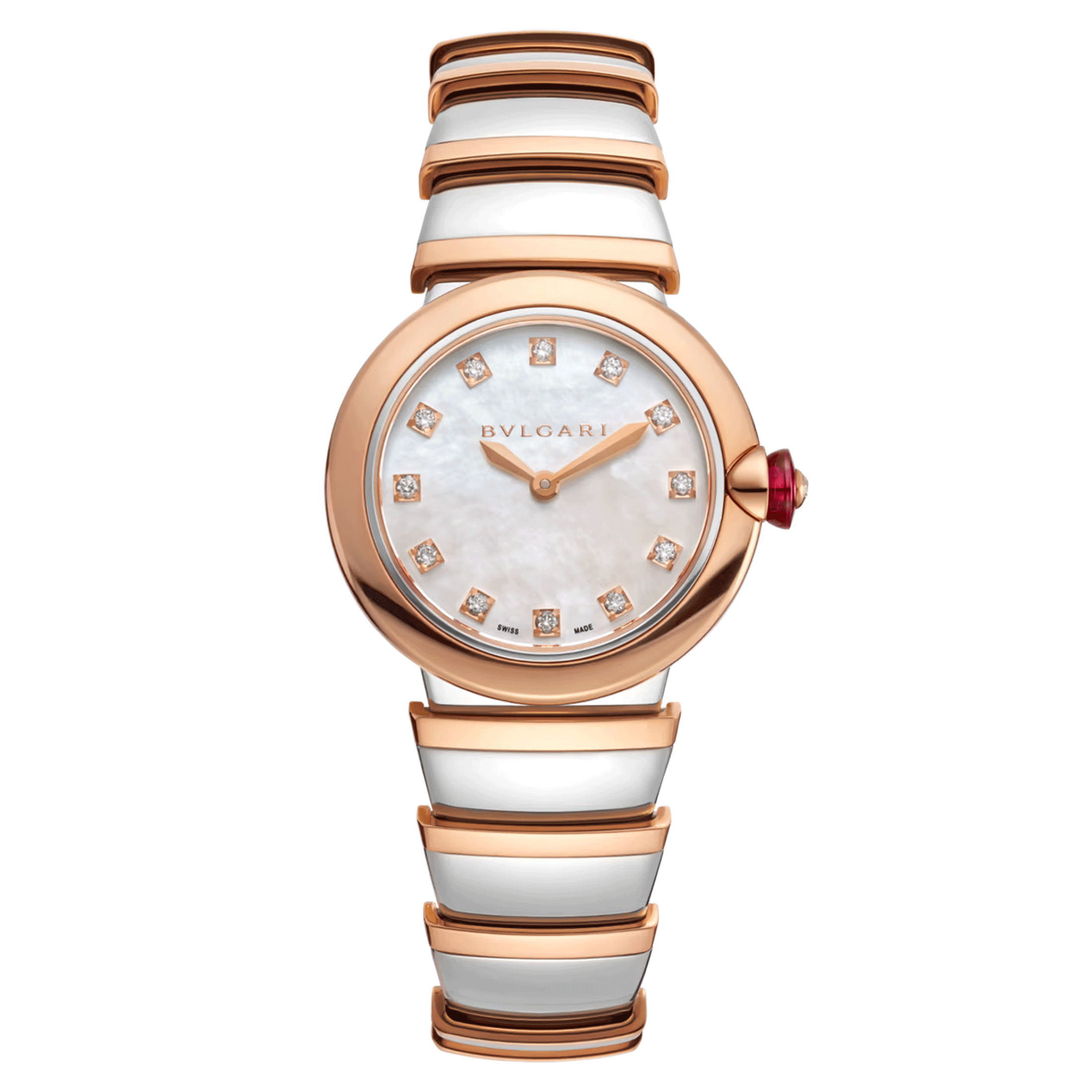 Bulgari Lvcea quartz watch diamond index white mother-of-pearl dial steel and rose gold bracelet 28 mm 102194