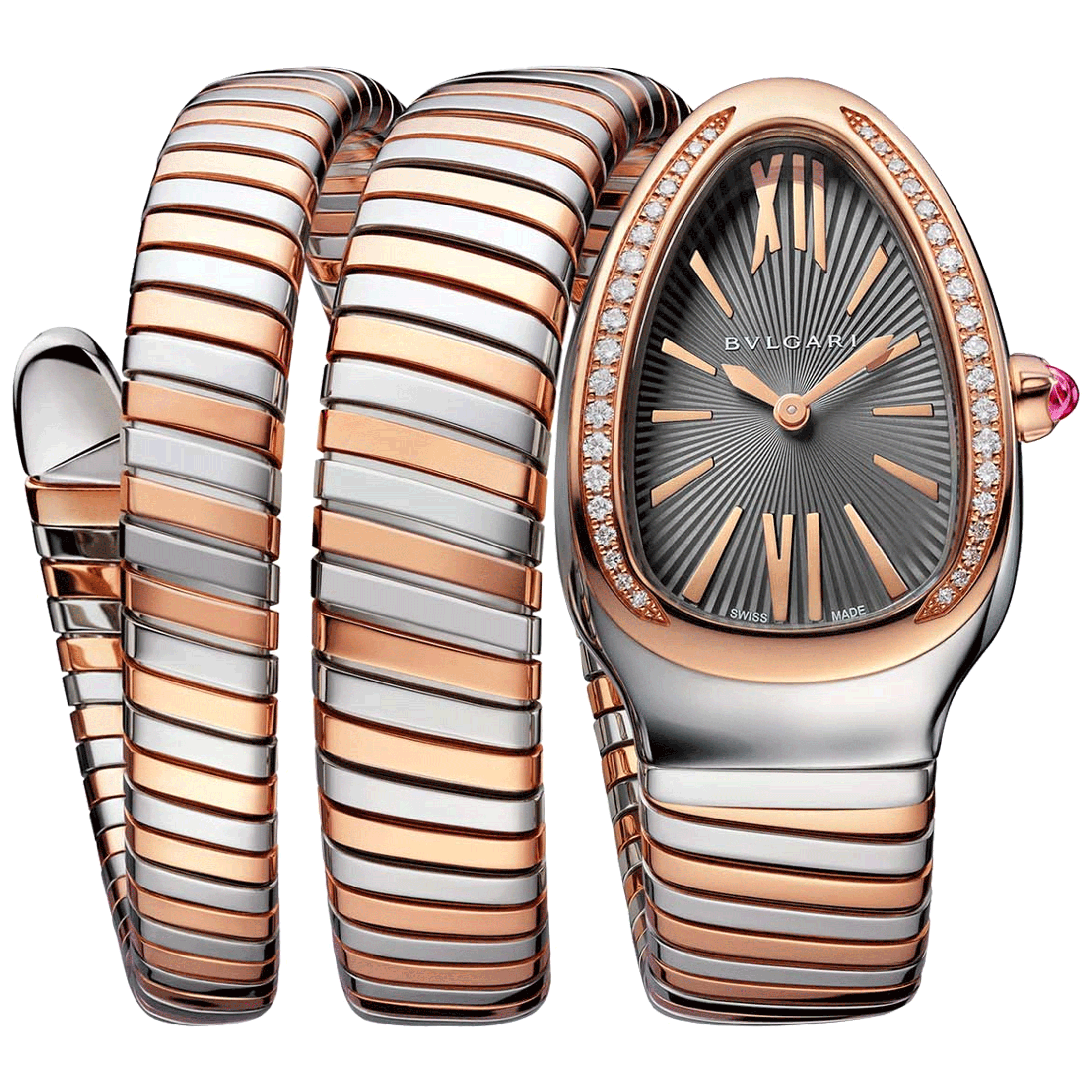 Bulgari Serpenti Tubogas M quartz watch bezel set grey dial stainless steel bracelet and rose gold double tour 35 mm 102680