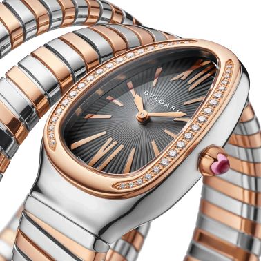 Bulgari Serpenti Tubogas M quartz watch bezel set grey dial stainless steel bracelet and rose gold double tour 35 mm 102680