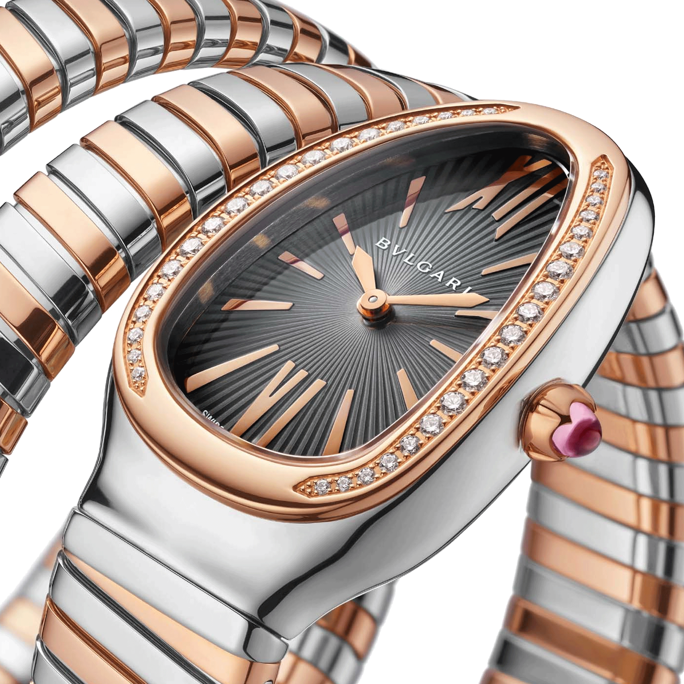 Bulgari Serpenti Tubogas M quartz watch bezel set grey dial stainless steel bracelet and rose gold double tour 35 mm 102680