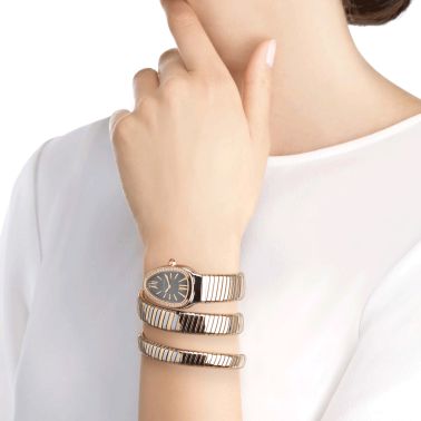 Montre Bulgari Serpenti Tubogas M quartz lunette sertie cadran gris bracelet acier et or rose double tour 35 mm 102680