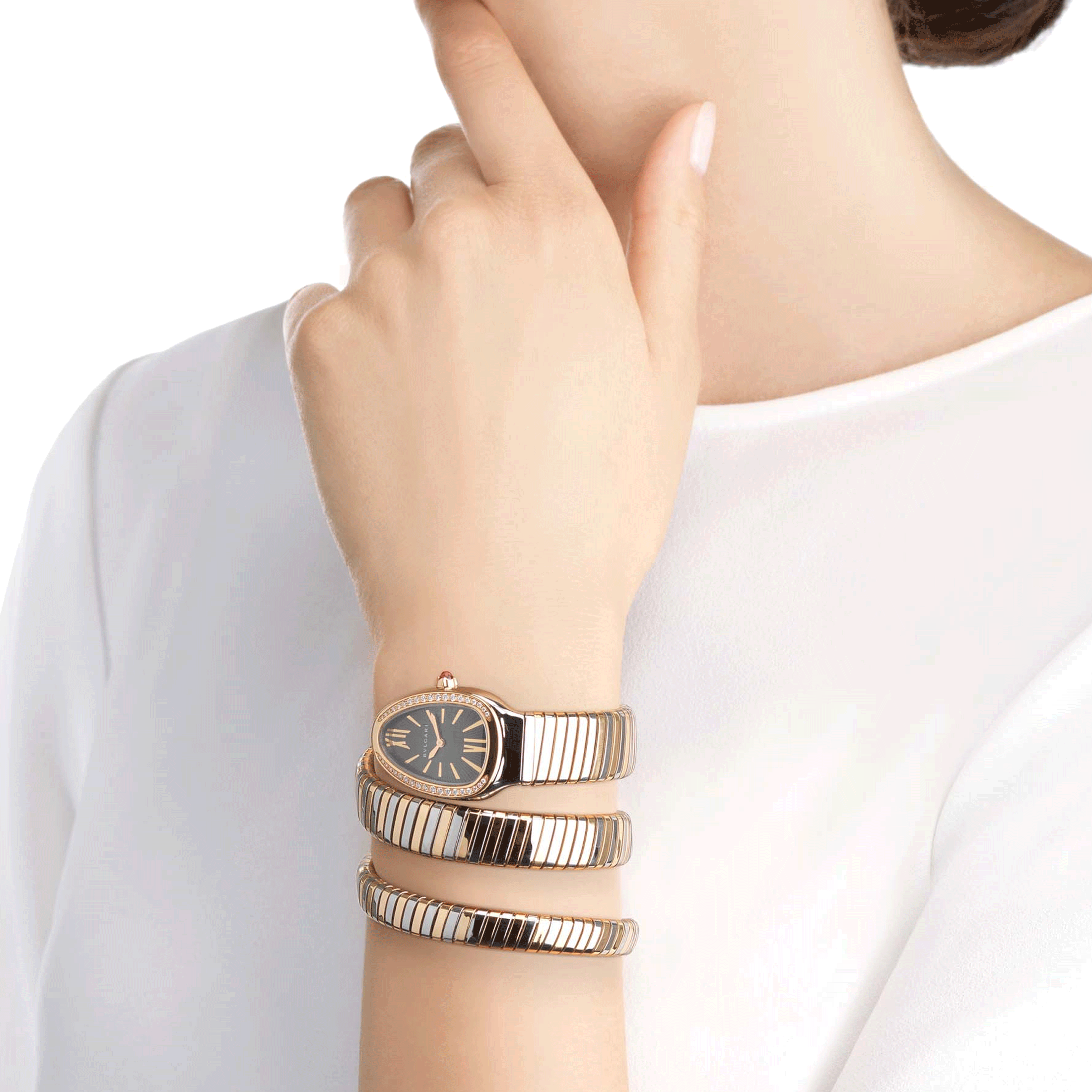 Bulgari Serpenti Tubogas M quartz watch bezel set grey dial stainless steel bracelet and rose gold double tour 35 mm 102680