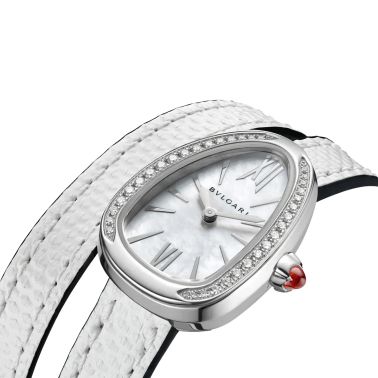 Montre Bulgari Serpenti quartz lunette sertie cadran nacre blanche bracelet cuir argent 27 mm 102781