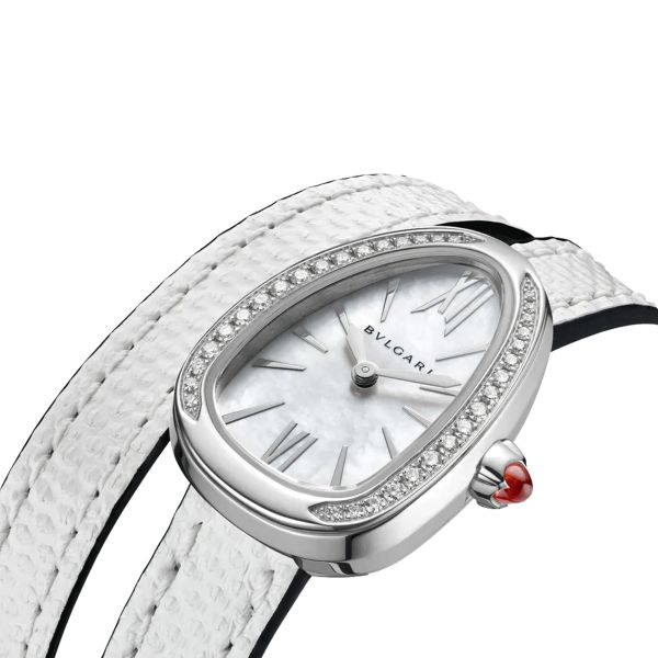 Bulgari Serpenti quartz watch bezel set with white mother-of-pearl dial silver leather strap 27 mm 102781