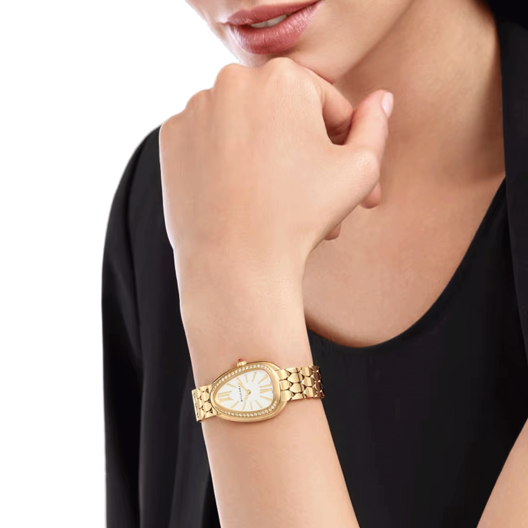 Montre Bulgari Serpenti Seduttori quartz lunette sertie cadran blanc opalin bracelet or jaune 33 mm 103147