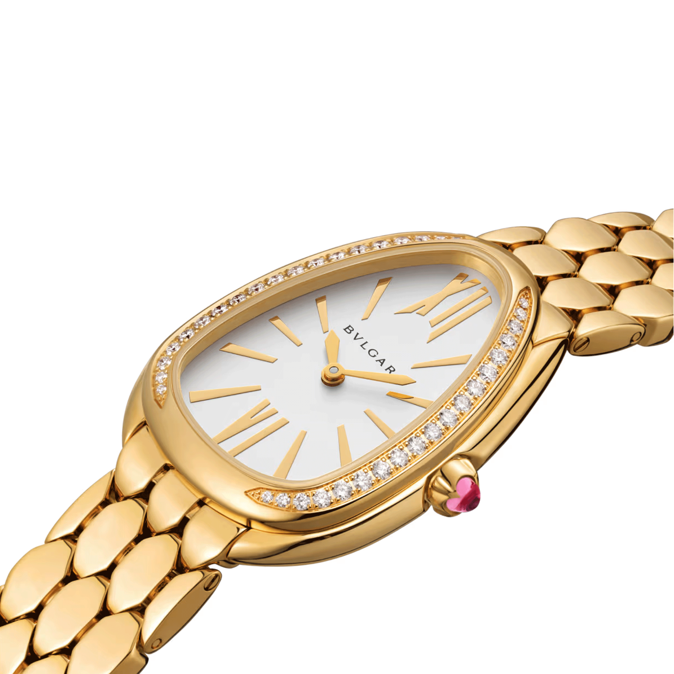 Montre Bulgari Serpenti Seduttori quartz lunette sertie cadran blanc opalin bracelet or jaune 33 mm 103147