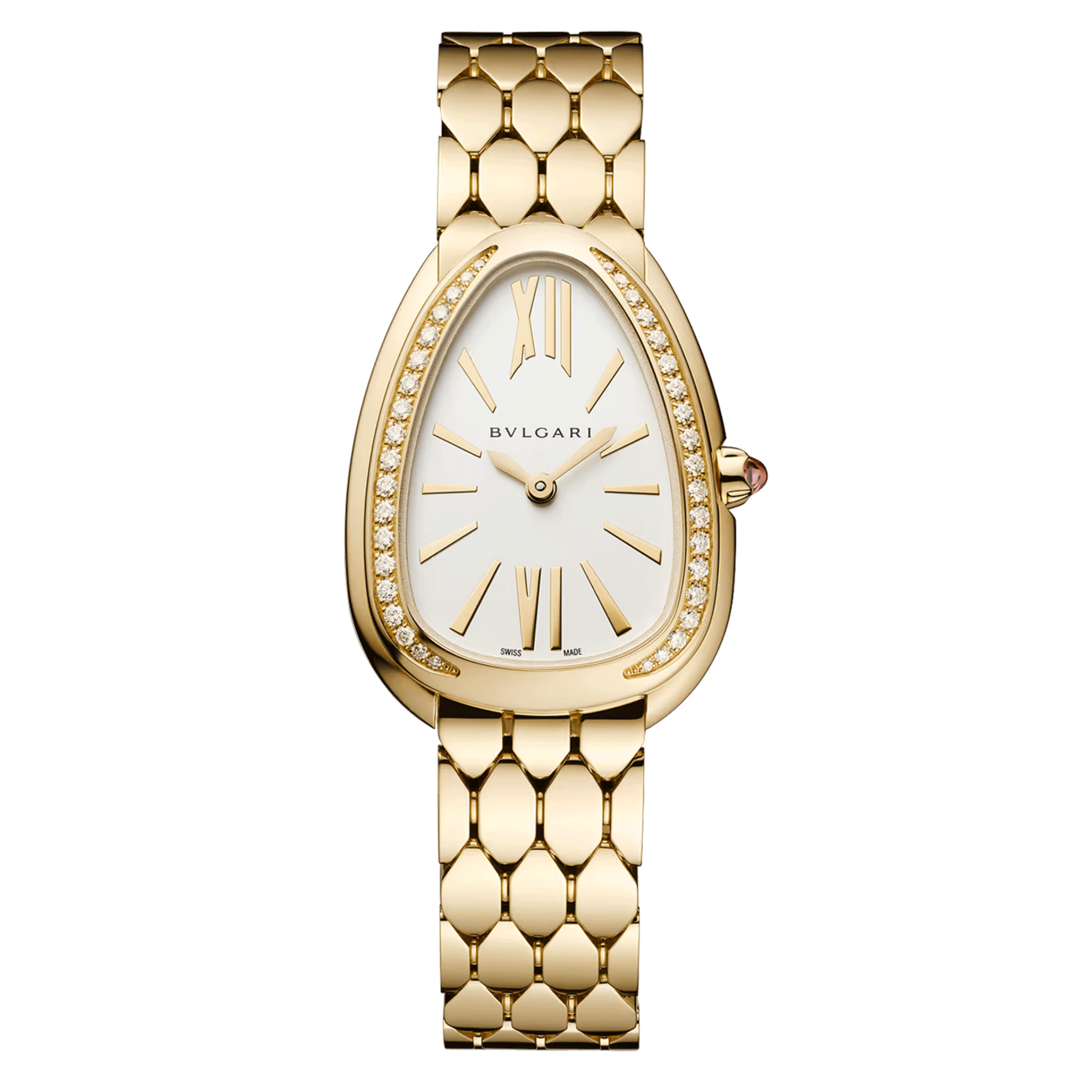 Montre Bulgari Serpenti Seduttori quartz lunette sertie cadran blanc opalin bracelet or jaune 33 mm 103147