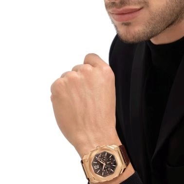 Bulgari Octo Finissimo Chronograph GMT Yellow gold automatic watch brown dial brown leather strap 43 mm 103468