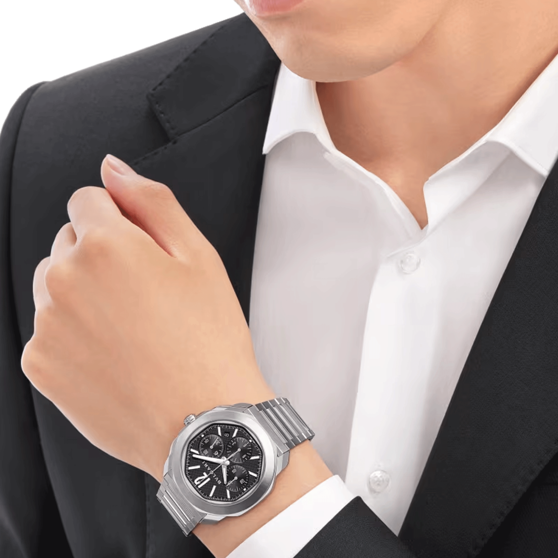 Montre Bulgari Octo Roma Chronographe automatique cadran noir bracelet acier 42 mm 103471