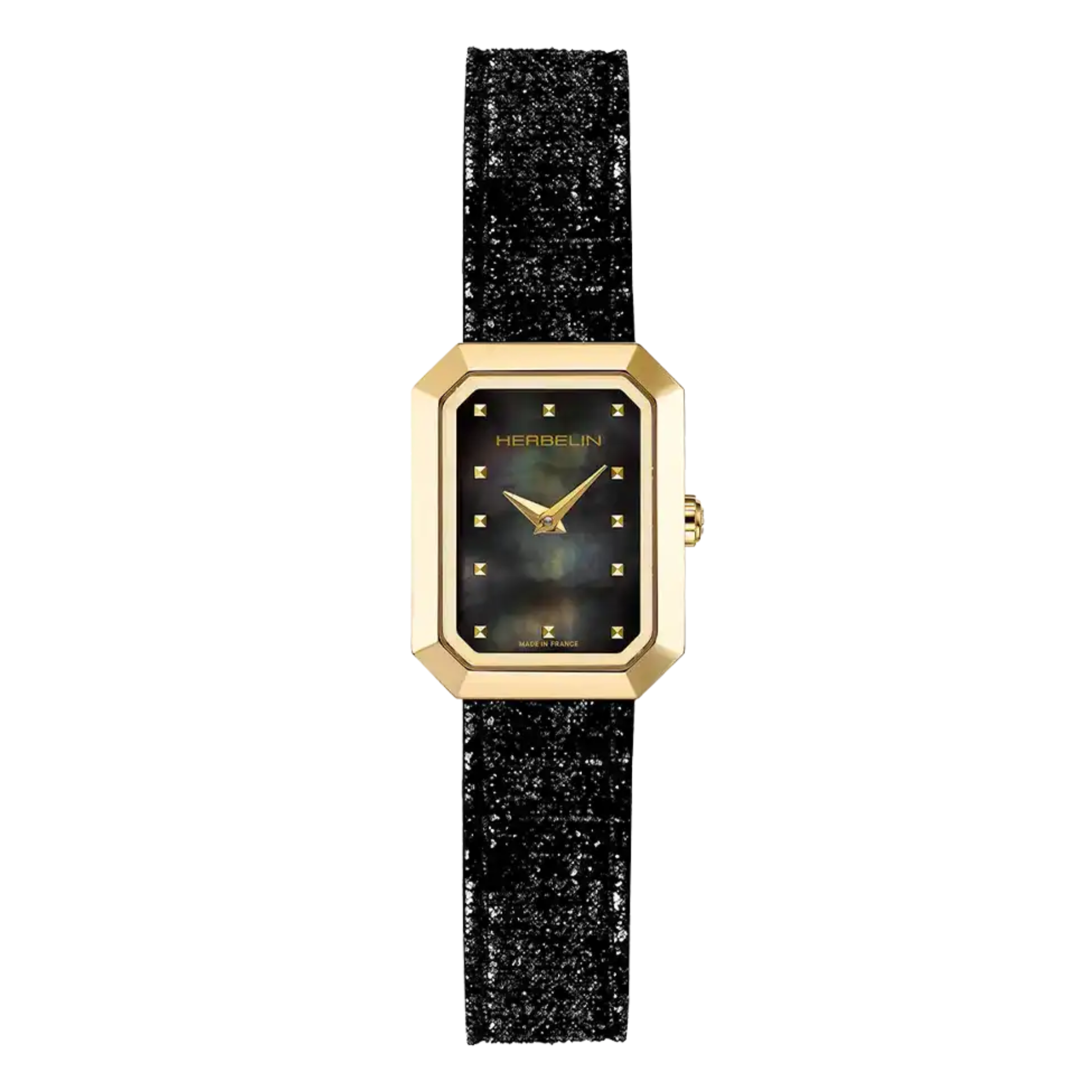 Herbelin Octogône Rectangle quartz PVD Yellow gold black mother-of-pearl dial leather strap 20,40 x 26,40 mm