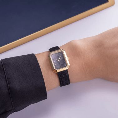 Herbelin Octogône Rectangle quartz PVD Yellow gold black mother-of-pearl dial leather strap 20,40 x 26,40 mm