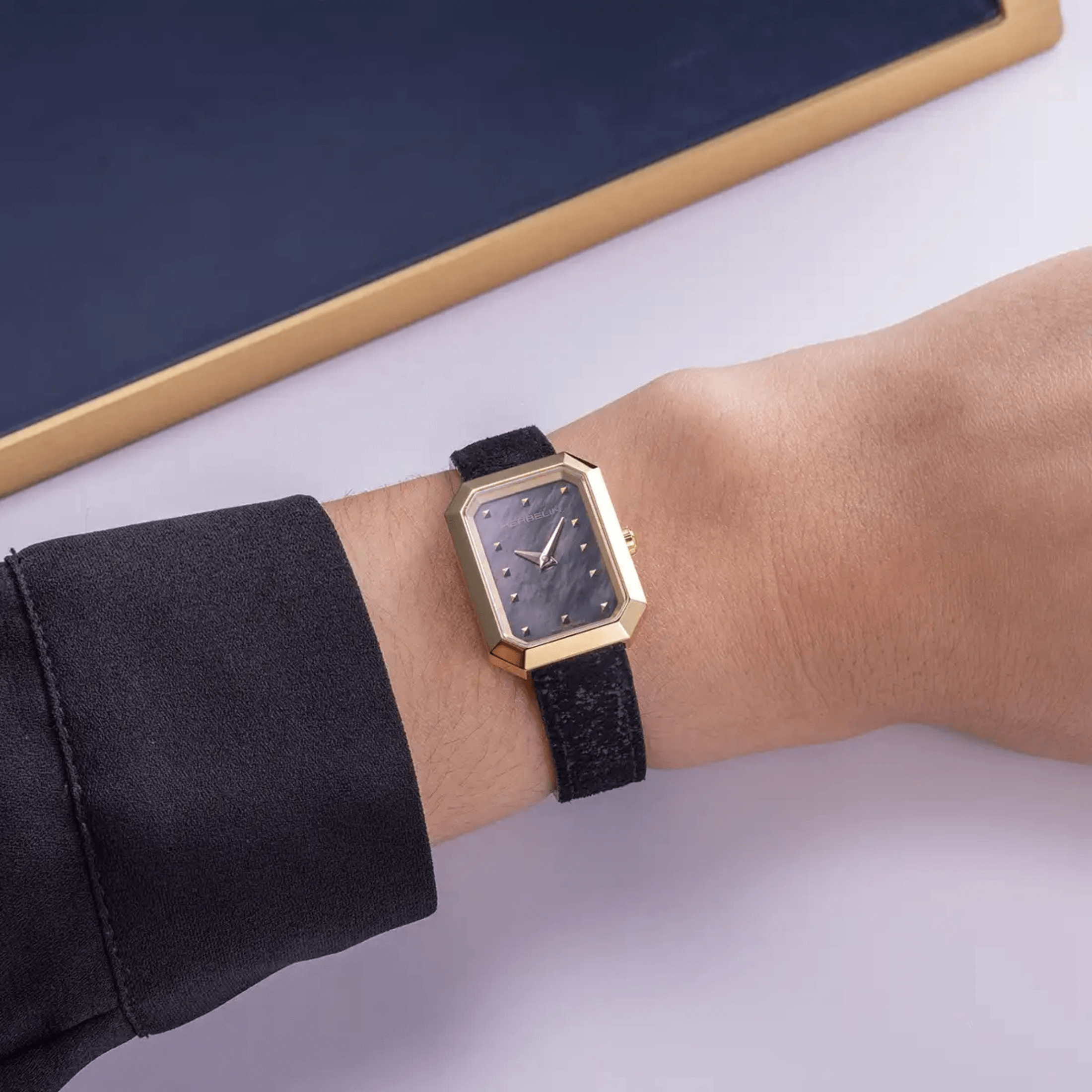 Herbelin Octogône Rectangle quartz PVD Yellow gold black mother-of-pearl dial leather strap 20,40 x 26,40 mm