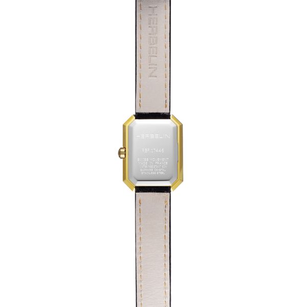 Herbelin Octogône Rectangle quartz PVD Yellow gold black mother-of-pearl dial leather strap 20,40 x 26,40 mm