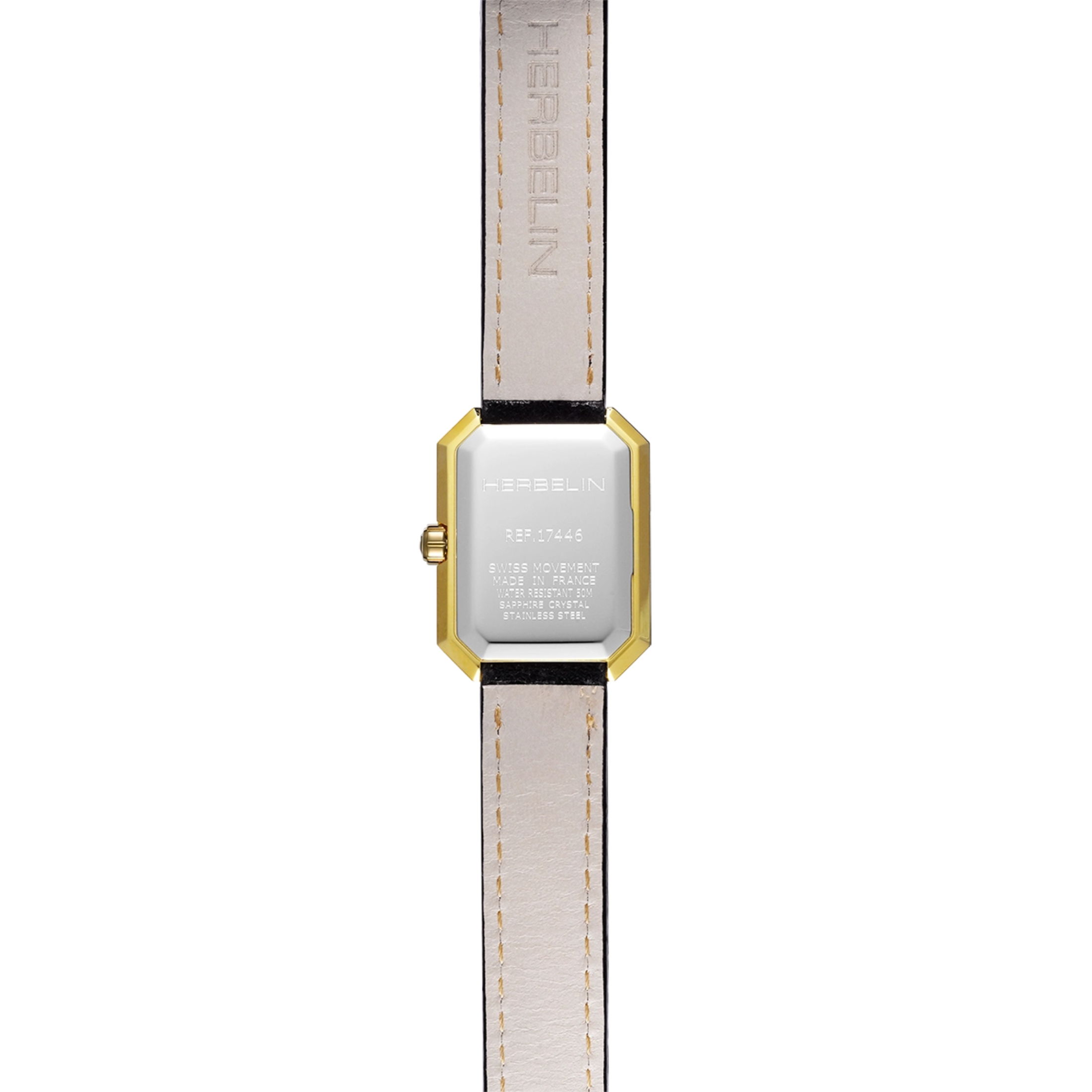 Herbelin Octogône Rectangle quartz PVD Yellow gold black mother-of-pearl dial leather strap 20,40 x 26,40 mm