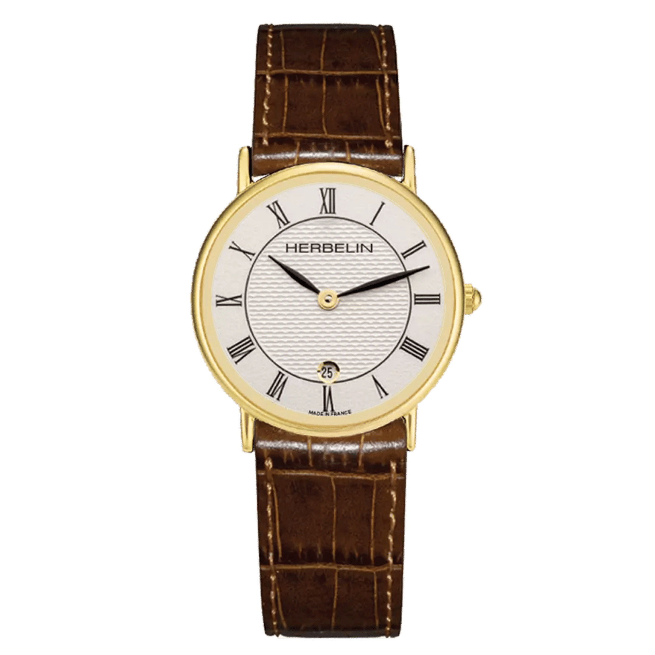 Herbelin Classique quartz PVD yellow gold white dial Roman numerals brown leather strap 26 mm