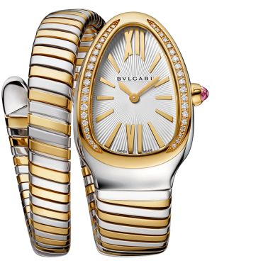 Montre Bulgari Serpenti Tubogas quartz lunette sertie cadran blanc opalin bracelet acier et or jaune 35 mm 103648