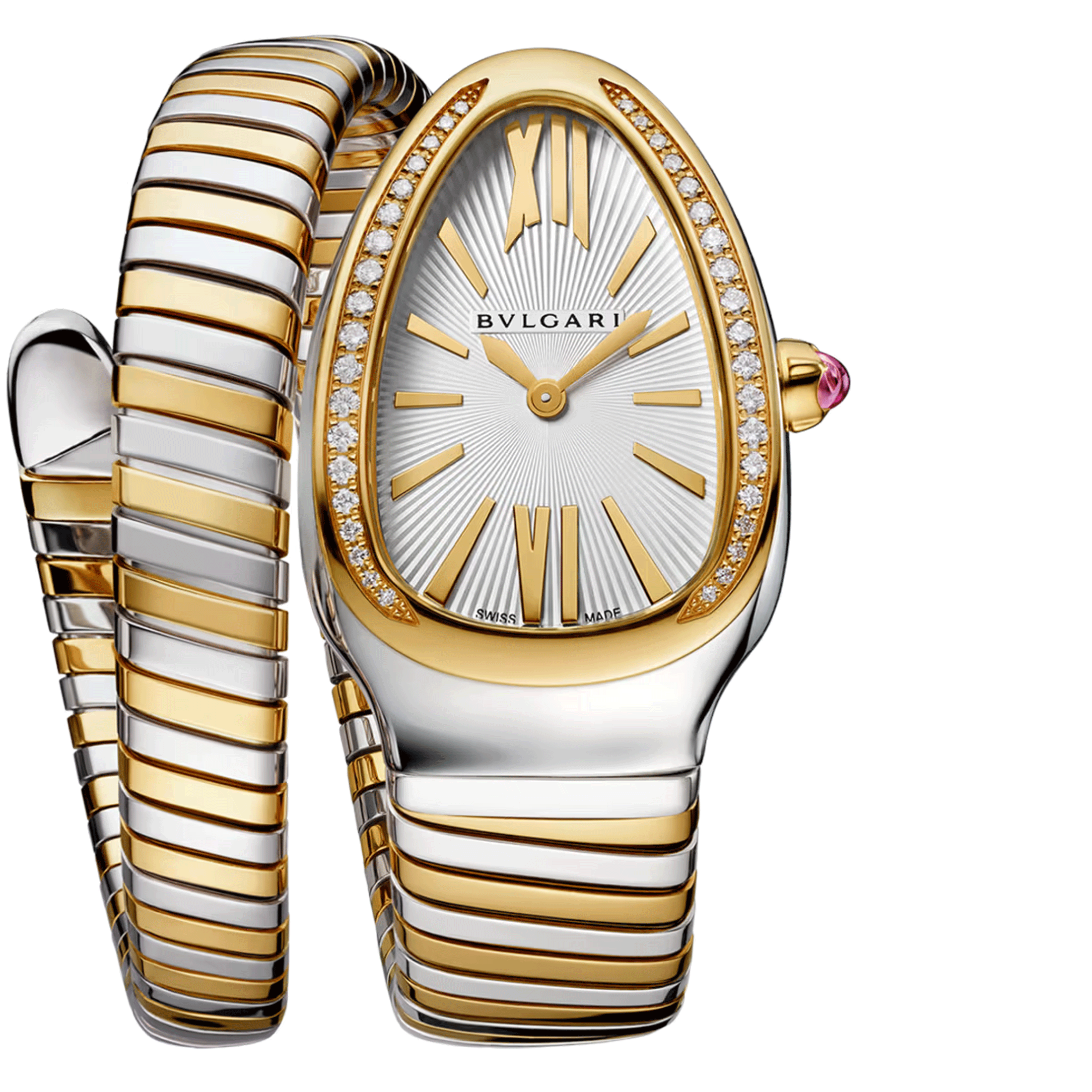 Montre Bulgari Serpenti Tubogas quartz lunette sertie cadran blanc opalin bracelet acier et or jaune 35 mm 103648