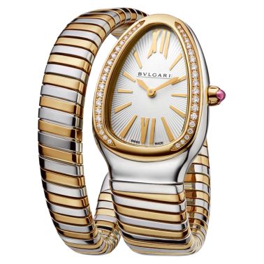 Montre Bulgari Serpenti Tubogas quartz lunette sertie cadran blanc opalin bracelet acier et or jaune 35 mm 103648