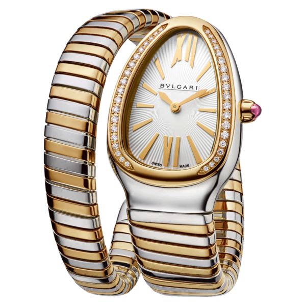 Montre Bulgari Serpenti Tubogas quartz lunette sertie cadran blanc opalin bracelet acier et or jaune 35 mm 103648