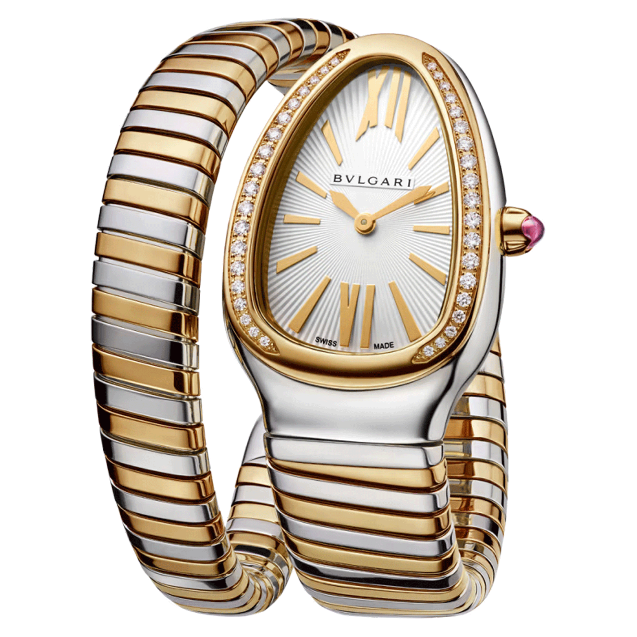 Montre Bulgari Serpenti Tubogas quartz lunette sertie cadran blanc opalin bracelet acier et or jaune 35 mm 103648